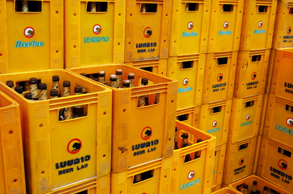 Yellow crates of Beerlao, a familiar sight in Laos